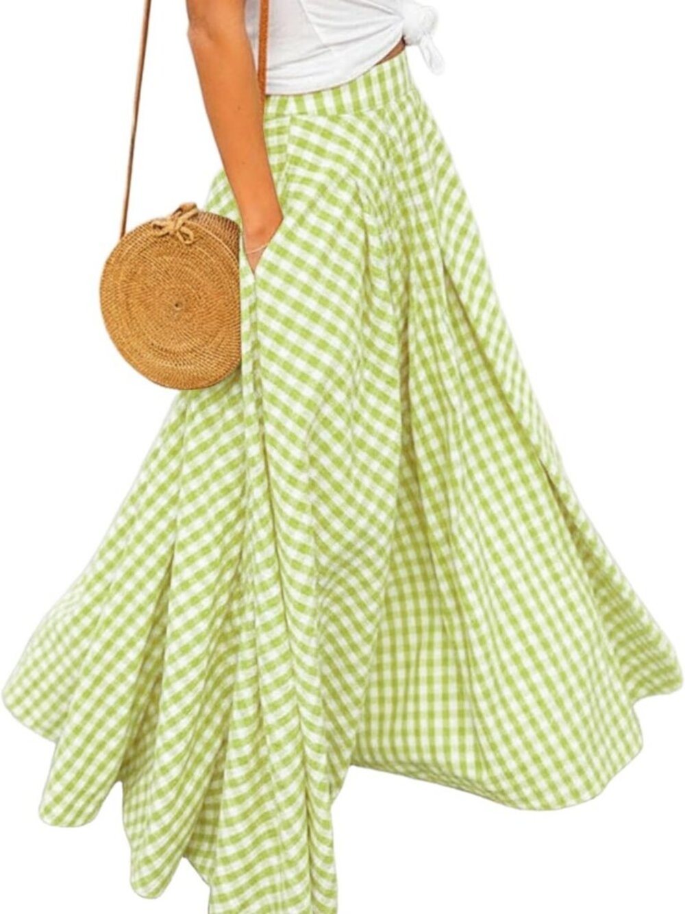Gingham Plaid Maxi Skirt - High Waist A-Line Pleated Long Skirt for Women